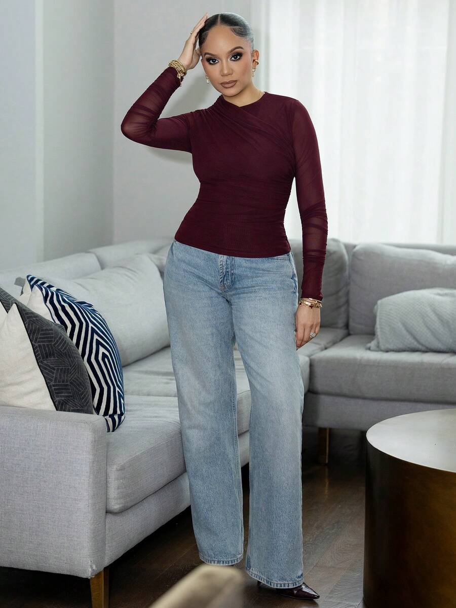 Melissa Matos 女士纯色褶皱修身T恤，适合通勤；酒红色可爱单肩长袖网纱透视修身时尚上衣，适合秋季；复古酒红色时尚领口褶皱性感派对上衣；女士上衣；圣诞节服装风格女士新年外出上衣；女士圣诞上衣；女士露脐上衣复古风格女士上衣；女士露脐上衣复古风格女士上衣 - 咖啡棕 - 查看 1