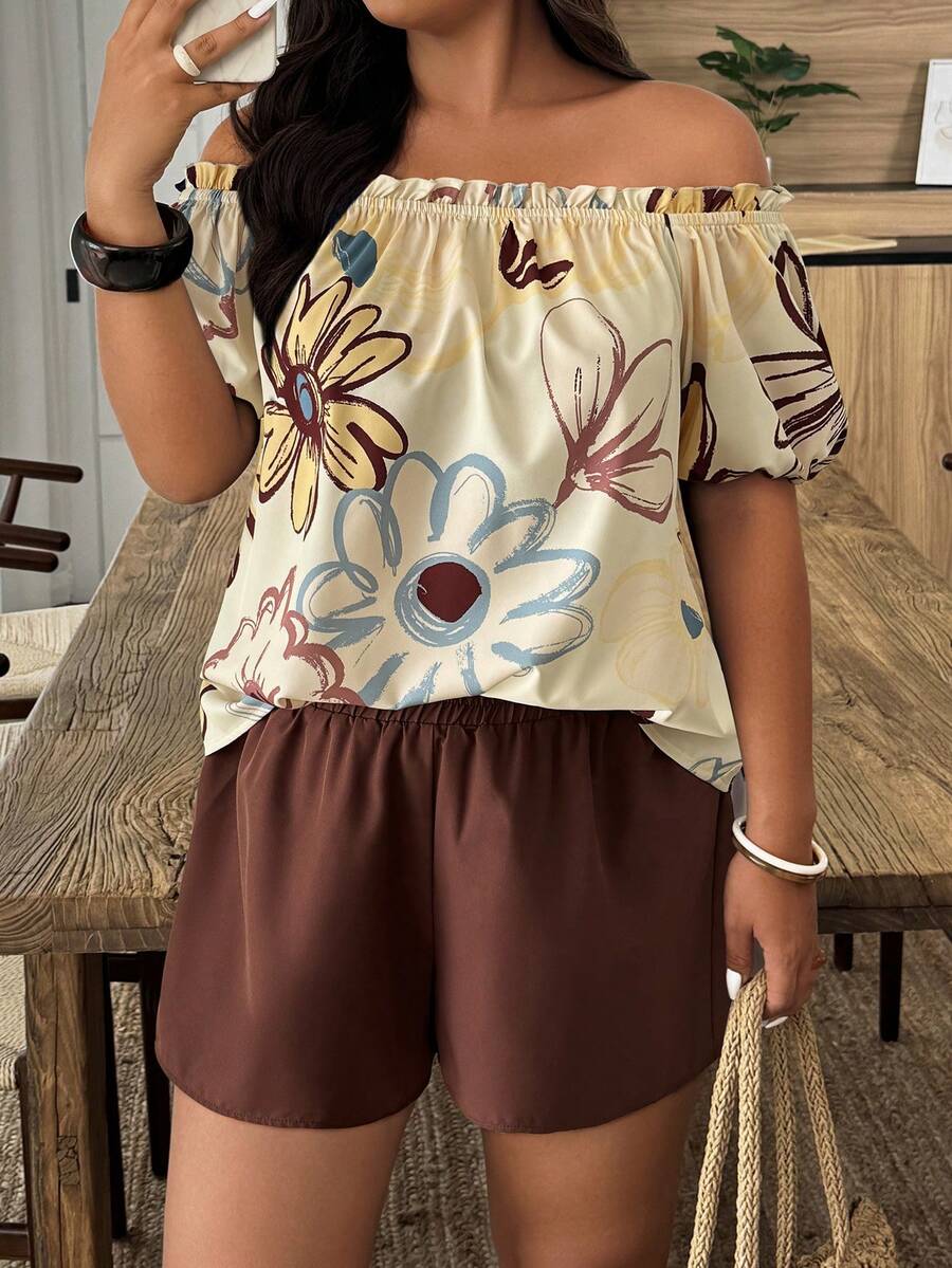 Weeklong Plus Size Off-The-Shoulder Dopamine Two Pieces Set,Large Floral Print Short Sleeve Beige Top & Brown Shorts,Boho Summer Vacation Holiday Casual Wear - Multicolor - View 1