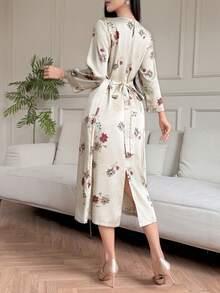 Vivie Lora 女士宽松圆领腰带印花中长连衣裙 - 卡其色 - 查看 2