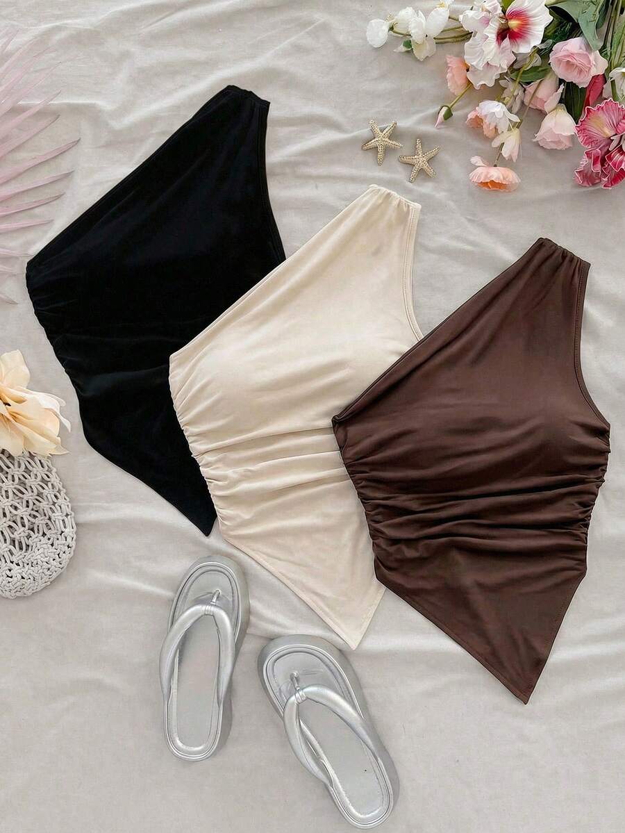 SHEIN 2-In-1 Tween Girls' Casual Asymmetrical Hem Camisole Tank Tops, Comfortable Fitted Asymmetric Shoulder Design - Multicolor - View 1