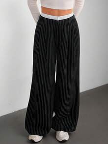SHEIN Tall Ladies' Casual Striped Wide-Leg Colorblock High Waist Suit Pants, Suitable For Spring/Summer - Black and White - View 4