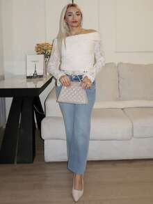 salliqueen Lace Top Holiday Elegant Lace Top Sheer Top Off Shoulder Top Women Off Shoulder Long Sleeve Minimalist T-Shirt, Casual Daily Wear Winter Chic White - White - View 1