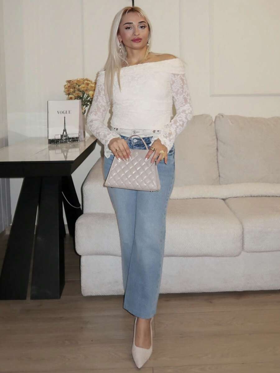 salliqueen Lace Top Holiday Elegant Lace Top Sheer Top Off Shoulder Top Women Off Shoulder Long Sleeve Minimalist T-Shirt, Casual Daily Wear Winter Chic White - White - View 1