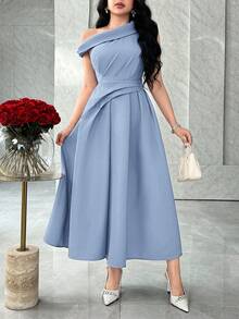 Feyla Asymmetric Ruched Waist A-Line Elegant Party Dress, Suitable For Social Gatherings - Baby Blue - View 5