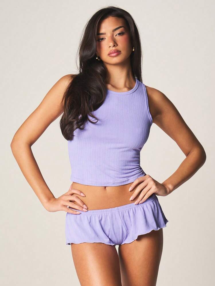 MISSGUIDED Purple Pointelle Ribbed Tank Top And Ruffle Hem Shorts Pajama Set Sleepwear Lounge Comfort Two Piece Matching Coordinates Summer