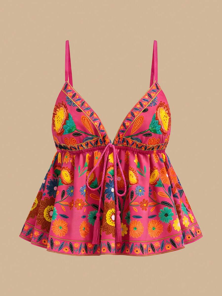 Travachic Women's Summer Vacation Casual Woven Retro Print Camisole Top - Hot Pink - View 1