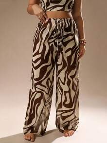 Auralis Set Baju Penutup dan Celana Panjang Motif Transparan untuk Liburan Pantai Musim Panas Ukuran Besar, Kasual, dan Kasual - Coklat - View 6