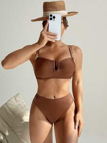 Voyashape Bộ bikini thời trang gợi cảm mới màu nâu ánh kim với điểm nhấn kim loại dành cho nữ, thích hợp cho kỳ nghỉ. - màu nâu - Xem 5