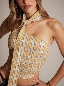 Hauture 格子缎带露背修身性感短款上衣 - 黃色 - 查看 5
