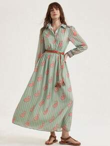 Aveloria Modichic 舒适修身通勤高端轻盈雪纺印花衬衫领收腰女式长袖超长连衣裙 - 彩色 - 查看 3