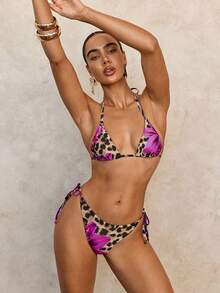 Swim Glamine 2 piezas Conjunto de bikini sexy con cordones y estampado floral y de leopardo para mujer - Morado Violeta - Ver 4