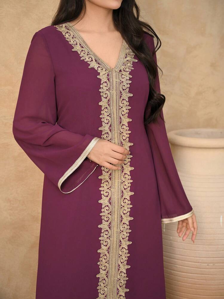 Women's Elegant Contrast Color Lace Patchwork V-Neck Belted Long Dress, Spring/Summer Dress Sundress