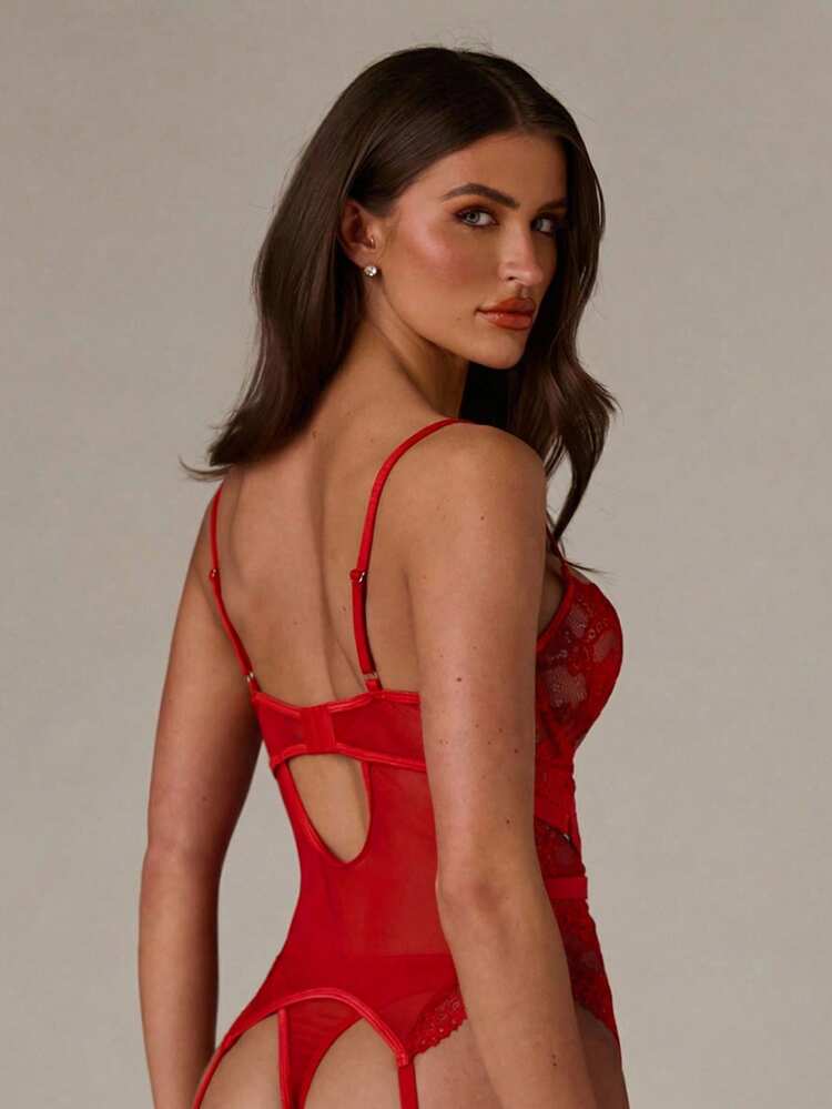 SHEIN BAE 4pcs Set Lace Ribbon Patchwork Sexy Lingerie Bra Set Underwear Outer For Going Out, Baddie Look - Red - View 2
