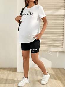 SHEIN Bộ đồ bầu 2 món kiểu dáng thường ngày, áo thun và quần short in họa tiết New York. - Đen và trắng - Xem 6