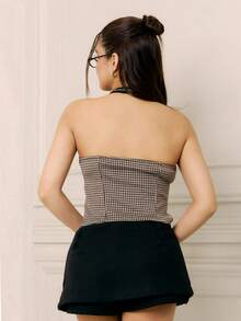 Criza Taa 秋季新款蝴蝶结挂脖背心，棕色秋季上衣，格子，基本款 - 咖啡棕 - 查看 4