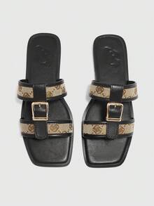 CUCCOO BIZCHIC New Outdoor Women Flat Sandals, Square Toe Rhinestone Silver Slippers, Casual Comfortable Party & Commuting Summer Shoes, Thick Non-Slip Ladies Slides For Christmas Spring Shoes - Black/Flower Cloth - View 2