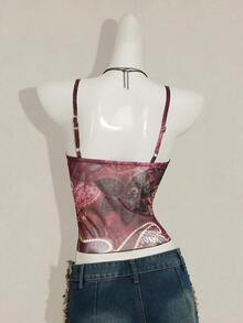 SHEIN ICON Spaghetti Strap V-Neck Ruffle Trim Fitted Summer Fashion Tank Top - Burgundy - View 2