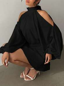 Aloruh 女士新款杏色纯色迷你连衣裙，长袖，灯笼袖设计，A字裙，适合派对、约会、下午茶等场合，秋冬款 - 黑色 - 查看 6