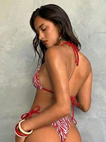 Aloruh 女士夏季新款扎染印花比基尼套装，性感派对音乐节炫彩贝壳装饰女士泳装，女士沙滩装，女士度假装 - 紅白色 - 查看 2