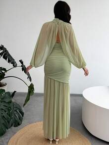 Aloruh Lantern Sleeve Green Ruched Elegant Mesh Mermaid Dress - Green - View 2