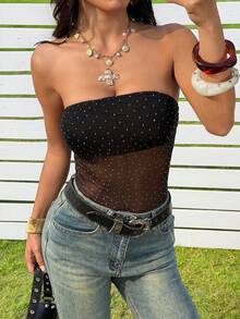SHEIN EZwear Bandeau Mesh Patchwork Sheer Sexy Bodysuit For Women - Black - View 4