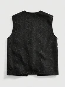 ROMWE MEN Street Life Men's Textured Floral V-Neck Button Vest - Black - View 10