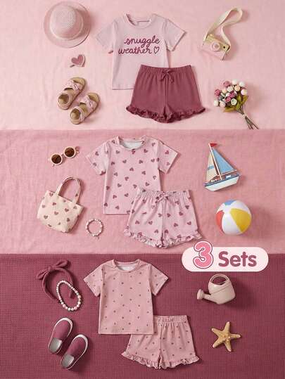 SHEIN 3 Sets Toddler Girls Cute Casual Pink Heart Polka Dot Letter Snuggle Weather Print Short Sleeve Round Neck T-Shirt Tops And Ruffle Hem Shorts Bottoms Soft Stretchy Two Piece Outfits Clothing Sets For Valentine's Day Daily Home Playwear Spring Summer