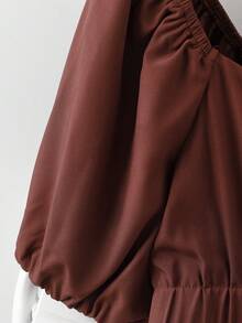 SHEIN PariChic 女士新款复古焦糖棕色方领泡泡袖衬衫——夏季必备，腰部褶皱设计，轻松打造法式优雅风情，适合办公室和约会之夜 - 棕色 - 查看 3