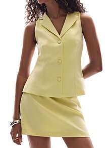 Aveloria GENKIRA French European Style Blazer Collar Bow Decor Sleeveless Top & Slim Fit Waist Short Skirt 2-Piece Set, Professional Elegant Look For Women - Yellow - View 3