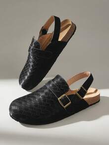 Solecia Women's New Slip-On Half-Cover Sandals, PU Material, Woven Back Strap Style, Flat Shoes, Comfortable And Versatile, Suitable For Commuting, Shopping, And Traveling - Matte Black - View 6