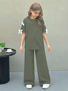 Firerie Kids Firerie Kids Nova Glow Tween 女童纯色圆领蝴蝶结宽松 T 恤和宽松长裤两件套休闲套装 - 軍綠色 - 查看 4