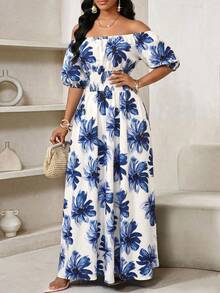 SHEIN Lady 女士优雅印花露肩连衣裙，夏季 - 彩色 - 查看 3