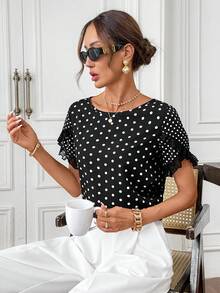 Editum Blusa de mujer con volantes de lentejuelas y mangas cortas, Día de San Valentín - Blanco y Negro - Ver 6