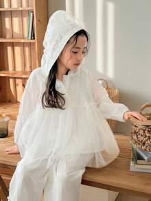 DAZY Young Girl Long Sleeve Button Half Placket Mesh Hem Hoodie Shirt And Pants Cute Set - White - View 5