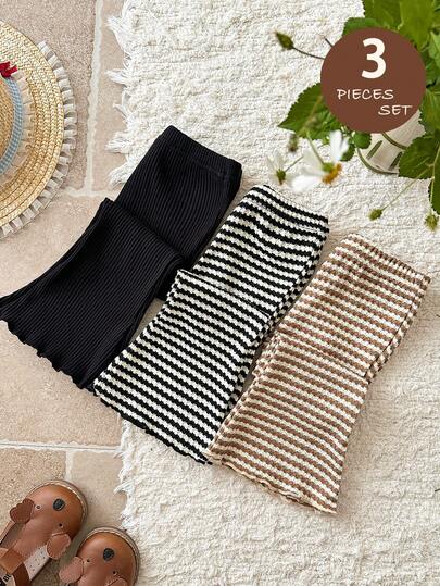 SHEIN 3件套女婴针织纯色条纹休闲喇叭裤套装