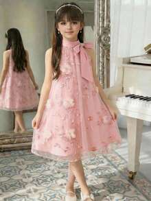 SHEIN Young Girl's Stand Collar Mesh Floral Casual Loose Halter Dress - Pink - View 6