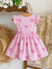 Elladie kids 1件女婴连衣裙，适合6个月至2-3岁，甜美公主风，粉白条纹+蝴蝶印花+短袖+3D蝴蝶结设计，轻盈柔软，可爱俏皮，适合生日派对/日常穿着，夏季款。 - 彩色 - 查看 2