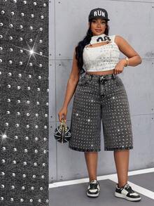 Slaydiva 大码女式休闲时尚街头朋克铆钉装饰水洗宽松阔腿及膝牛仔裤 - 黑色 - 查看 1