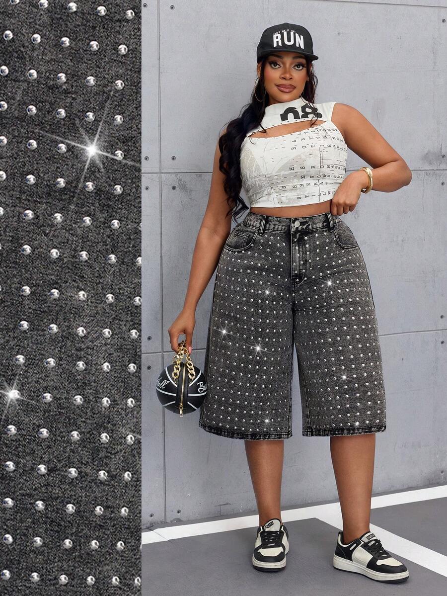 Slaydiva 大码女式休闲时尚街头朋克铆钉装饰水洗宽松阔腿及膝牛仔裤 - 黑色 - 查看 1