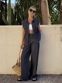 Livesso Women's Casual Denim Jumpsuit With Lapel Collar, Large Pockets And Pants - Blue - View 3