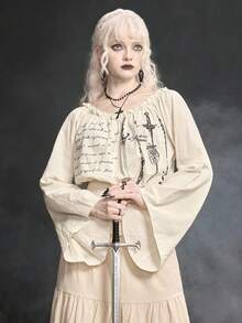 ROMWE Goth Blusa suelta semitransparente con estampado de espada, de manga acampanada, ajustada a la cintura y con hombros descubiertos, de estilo gótico vintage para mujer - Blanco - Ver 7