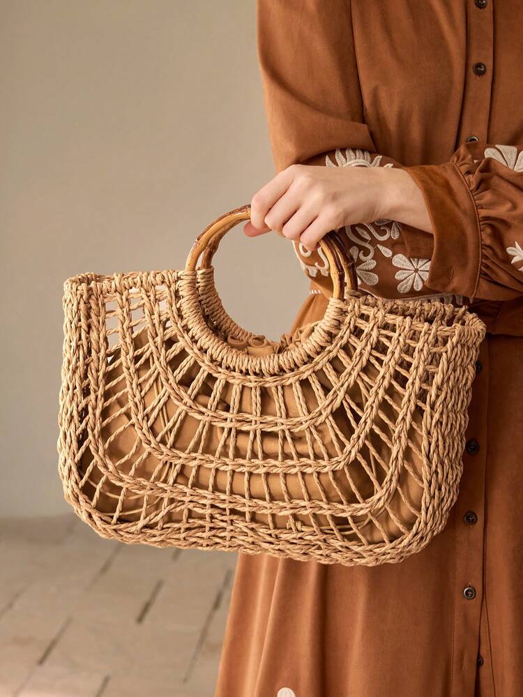 WOMEN'S FASHION HOLIDAY STRAW HOLLOW PORTABLE TOTE BAG, SUITABLE FOR VACATION TRAVEL