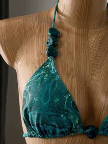 Bellisia Summer Women 3-Piece Set Marble Print Beaded Accessories Halter Halter Triangle Top, Tie Side Bikini Bottoms, Layered Cake Skirt Swimwear Set - Multicolor - View 5