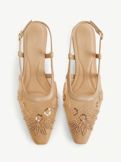 CUCCOO CHICEST Women's Embroidered Mesh Beaded Square Toe Mid-Heel Ankle Strap Pumps, Elegant Party Wear