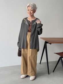 FRIFUL Women's Solid Color Casual Loose Fit Shirt With Embroidery Print And Slit Cuffs, Suitable For Spring And Summer - Dark Grey - View 2