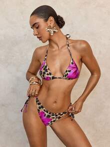 Swim Glamine 2 piezas Conjunto de bikini sexy con cordones y estampado floral y de leopardo para mujer - Morado Violeta - Ver 5