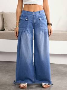 Breezaya 女士带口袋纽扣褶裥休闲百搭日常阔腿牛仔裤 - 深色水洗藍 - 查看 1