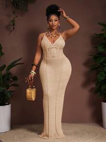 Slaydiva Đầm hai dây màu kaki dệt kim khoét eo, xuyên thấu, phong cách Bohemian mới mùa Xuân/Hè 2026, thích hợp cho kỳ nghỉ, tiệc tùng, cỡ lớn dành cho nữ. - Màu be - Xem 2