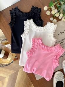 Genkimix Kids Young Girls 3 Pieces Set: Girls' Summer Solid Ruffled Tank Tops - Pink, White & Black - Multicolor - View 4