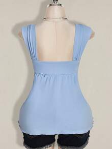 SHEIN ICON 大码女式黑色扭结前襟无袖娃娃衫针织上衣，Y2K风格，适合毕业典礼、返校季、夏季穿着 - 藍色 - 查看 2